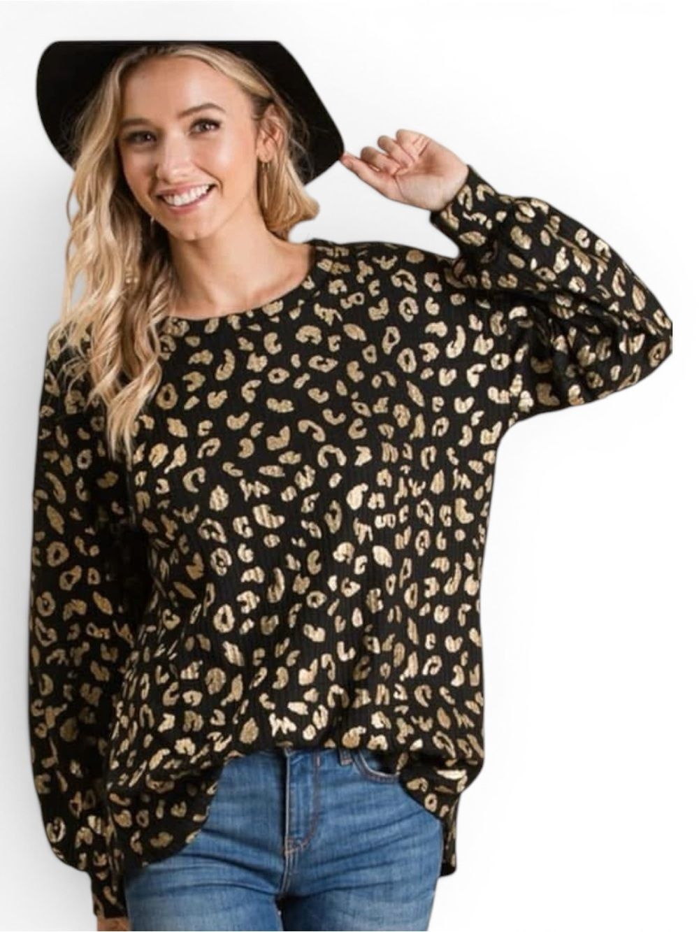 BiBi Black Top with Metallic Gold Leopard Print MEDIUM